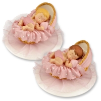 2 St. Polyresin-Aufsatz, Baby im Korb, rosa