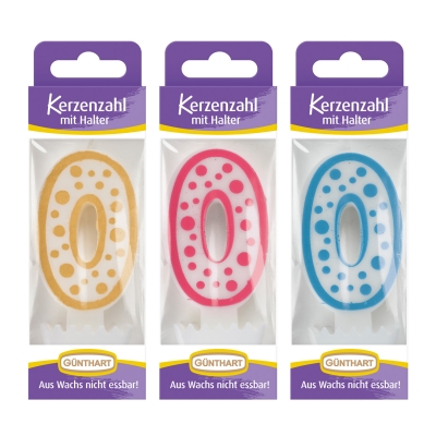 12 St. Wachskerzen-Zahlen mit Halter Nr. 0 
