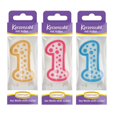 12 St. Wachskerzen-Zahlen mit Halter Nr. 1 