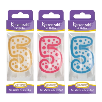 12 St. Wachskerzen-Zahlen mit Halter Nr. 5 