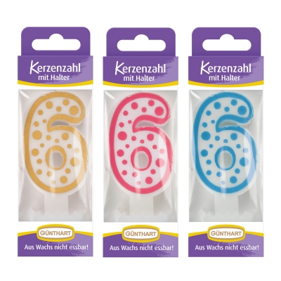 12 St. Wachskerzen-Zahlen mit Halter Nr. 6 