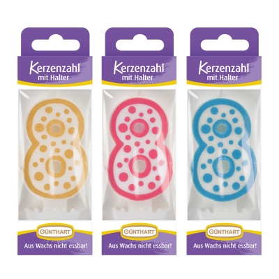 12 St. Wachskerzen-Zahlen mit Halter Nr. 8 