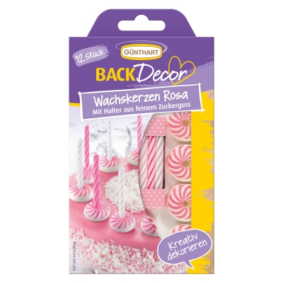 15 St. Zucker-Kerzenhalter mit Kerzen, rosa-weiss 