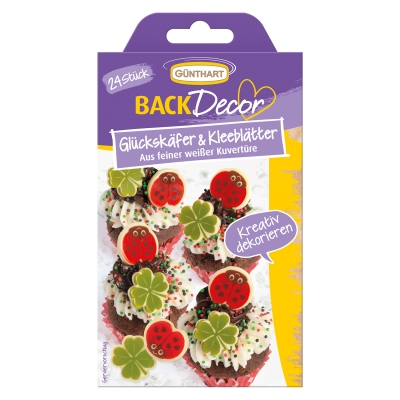 15 St. Glückskäfer und Kleeblätter, weiße Schokolade 