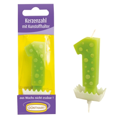 15 St. Wachskerzen-Zahlen grün mit Halter Nr. 1 