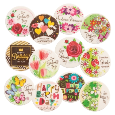 12 St. Dekorschilder  Zum Geburtstag  und  Herzlichen Glückwunsch , sortiert, Dekormasse 
